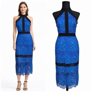 Alexis Blue Lace Halter Midi Dress Black Trim Cocktail Wedding Guest Medium